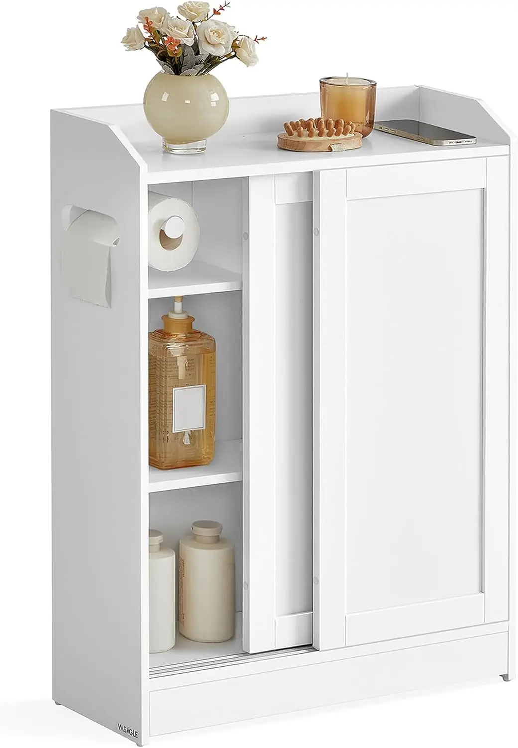 Bathroom Cabinet, Slim Bathroom Storage Cabinet, Toilet Paper Holder and Brush Compartment, Sliding Doors, Adjustable Shelves, N