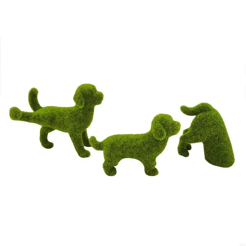 

16FC Green Fuzzy Dog Statues Moss Grass Puppy Animal Figurines Garden Decor