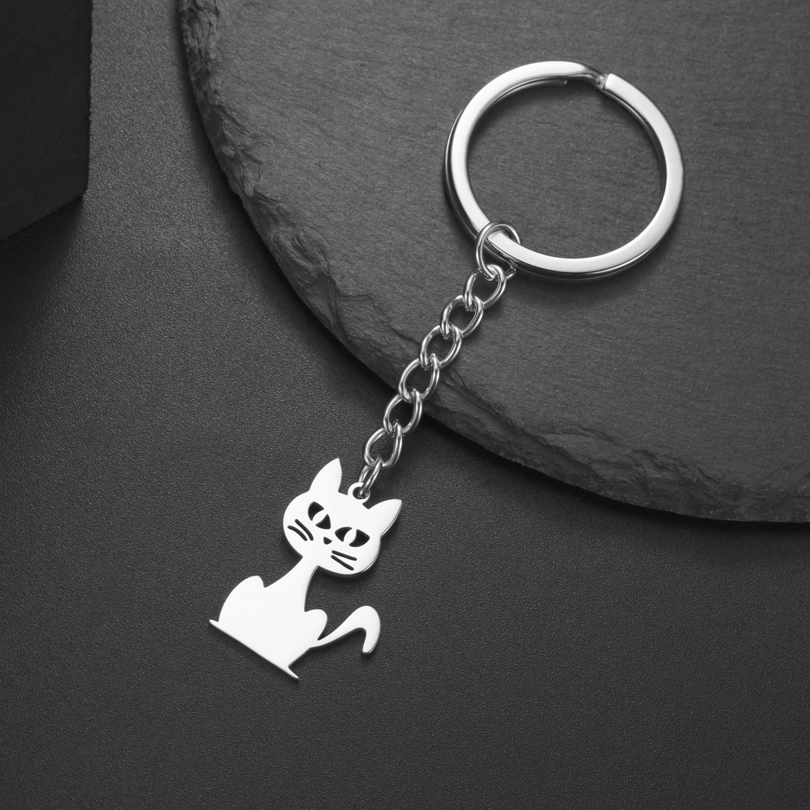 Lucktune Witch Cat Keychain for Women Stainless Steel Trendy Kitten Animal Charms Bag Car Amulet Keyring Jewelry Birthday Gifts