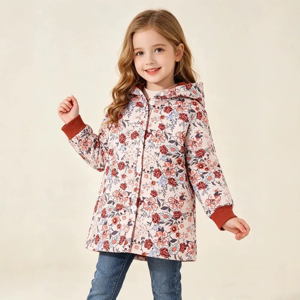 Autumn Winter Fashion Hooded Jacket Little Girls All Over Floral Print Fleece Lined Thickened Casual Outerwear For Daily Outdoor