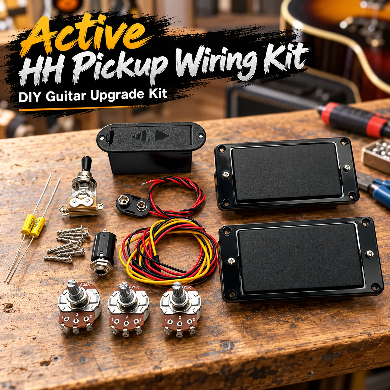 Active HH Humbucker Pickup Wiring Kit 2 Pickups 3 Pots Toggle Switch Output Jack 9V Battery Box for Electric Guitar DIY