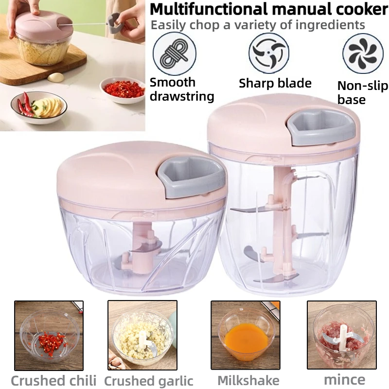 500/900ML Manual Stainless Steel Garlic Chopper, Rotating Sharp Blade, Smooth Drawstring, Non Slip Base, Use for Onion, Meat, Mi