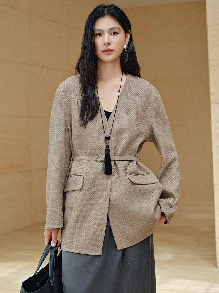

Classic V-neck Genuine Leather Jackets Women Spring Autumn High-end Simple Solid Hand-woven Real Goatskin Leather Coat with Belt