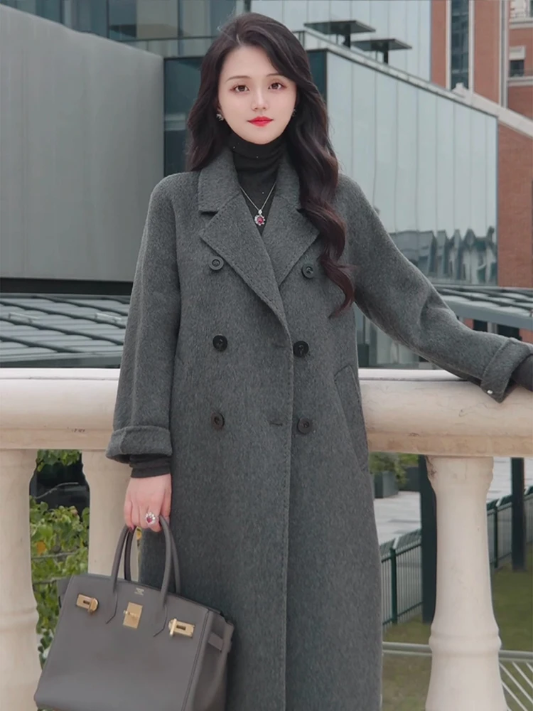 

Корейское женское шерстяное пальто средней длины на шести пуговицах Max80, осенняя верхняя одежда для повседневной носки, простой свободный крой, длинный рукав