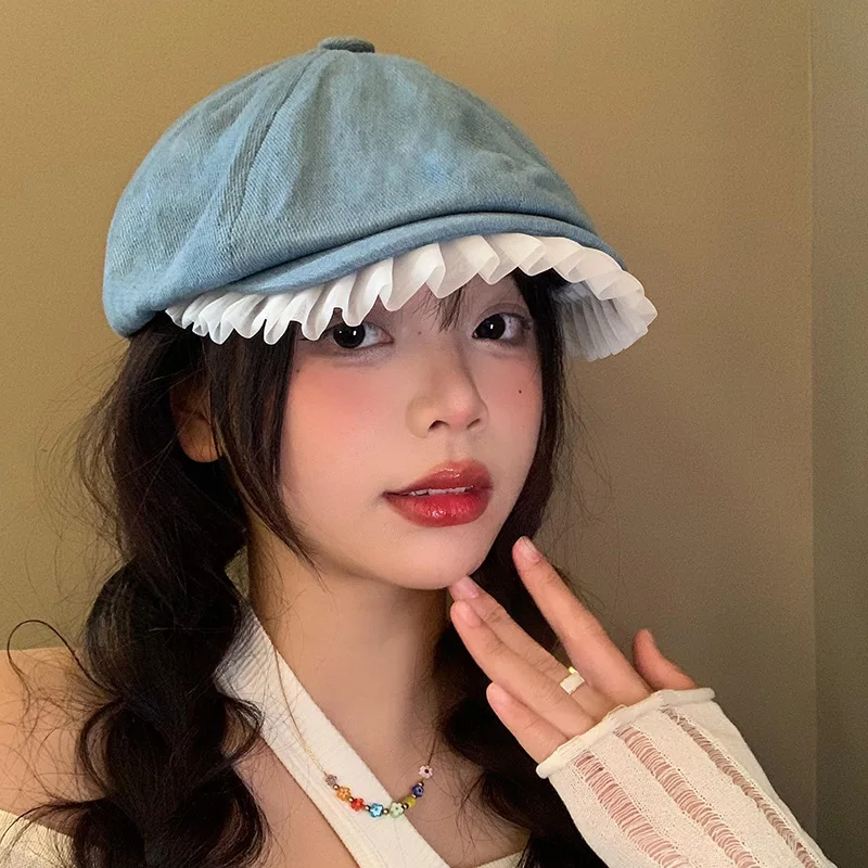 

Ins Sweet Lace Trimmed Berets Caps for Women Spring and Summer Japanese Retro Show Face Small Versatile Denim Painter Hats