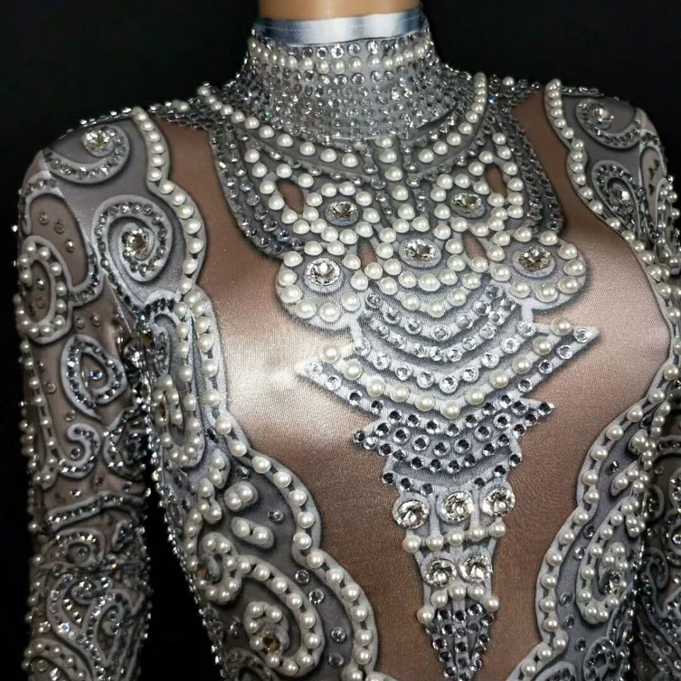 Strój sceniczny dla piosenkarki, kostium taneczny, na scenę, do klubu nocnego, damski, na urodziny, body, błyszczące dżety, nadruk, długi rękaw, seksowny kombinezon