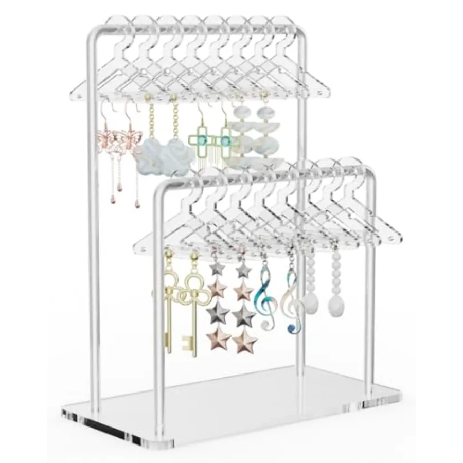 

Clear Acrylic Earring Organizer Stand for Home, Store, Exhibition - Mirror-Finish 2-Tiered Display for 48 Pairs, 16 Mini Hanger