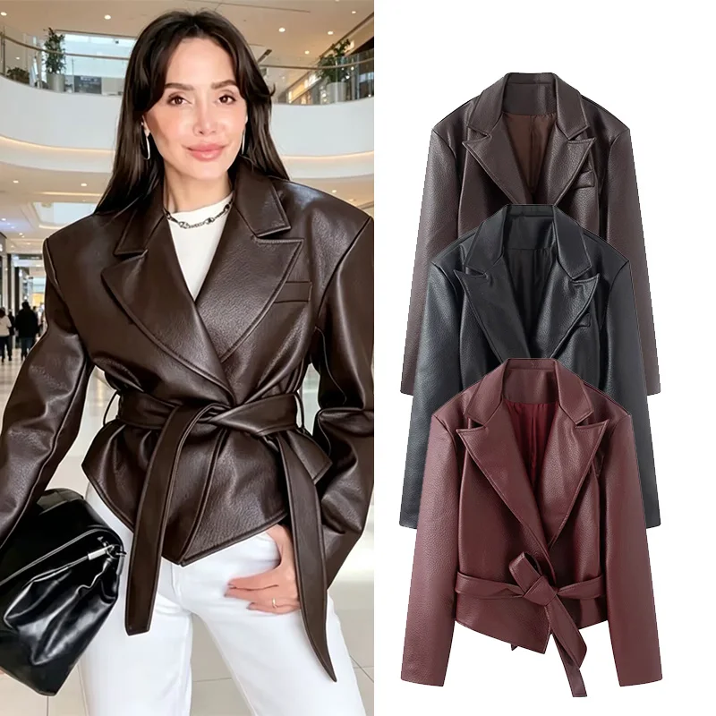 Women's Leather Jacket with Belt New 2026 Autumn Causal Faux Leather Jackets Long Sleeve Coat Fashion Female Motorcycle Jackets