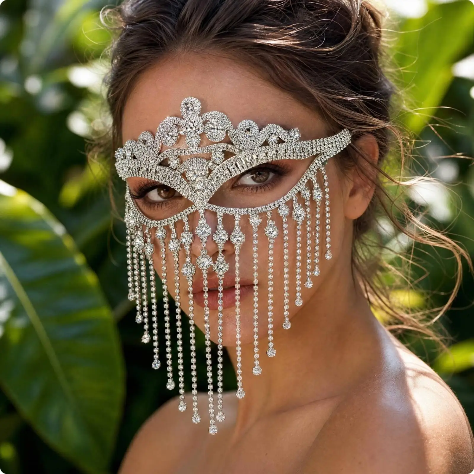 Sparkling Rhinestone Face Mask Copper Boho Dance Veil for Women Party Stage Performance Wear