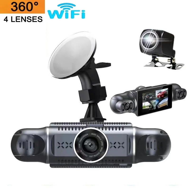 

360 degrees Panoramic WiFi Car DVR 3-Inch Screen 4 Channel FHD 1080P Video Recorder 4 Split Screen Display Dash Cam Night Vision