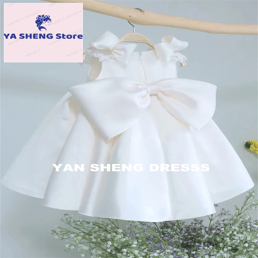 Customized Flower Girl Dress for Wedding O-neck With Bow Floor Length Short Sleeve Kid First Communion Pageant Birthday Ball Gow