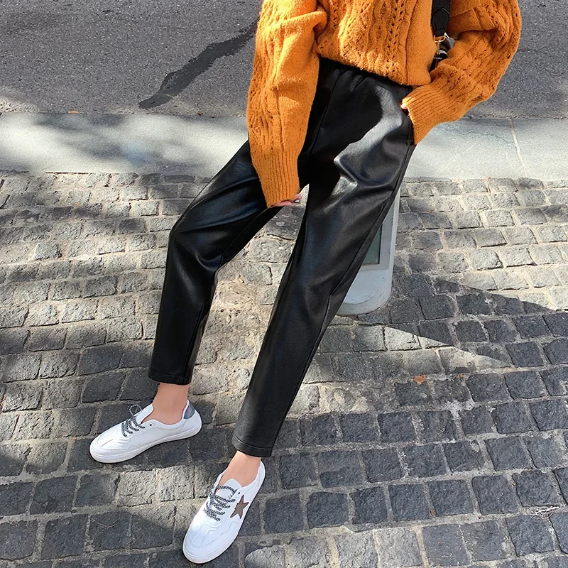 

Vintage PU Leather Harem Long Pant Pants Women Black Faux Leather Elastic Waist Streetwear Chic Trousers Spring Autumn Oversize