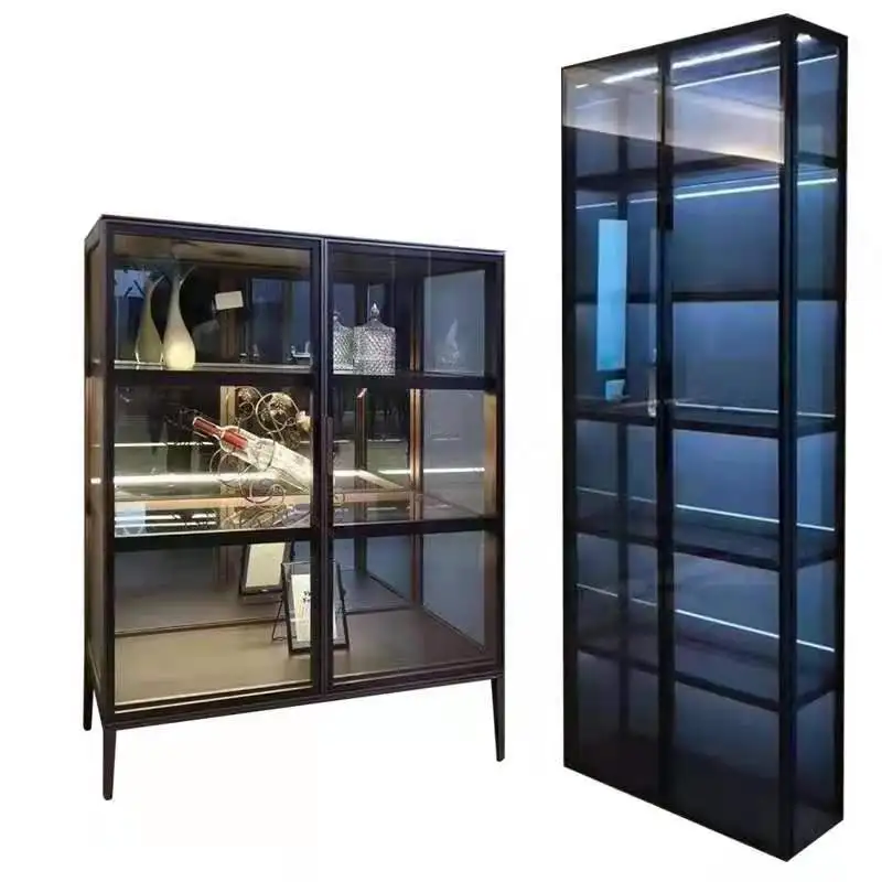 Simple Living Room Glass Modern Aluminum Alloy Wine Display Cabinet Custom Glass Partition Cabinet Bookcase Ligh