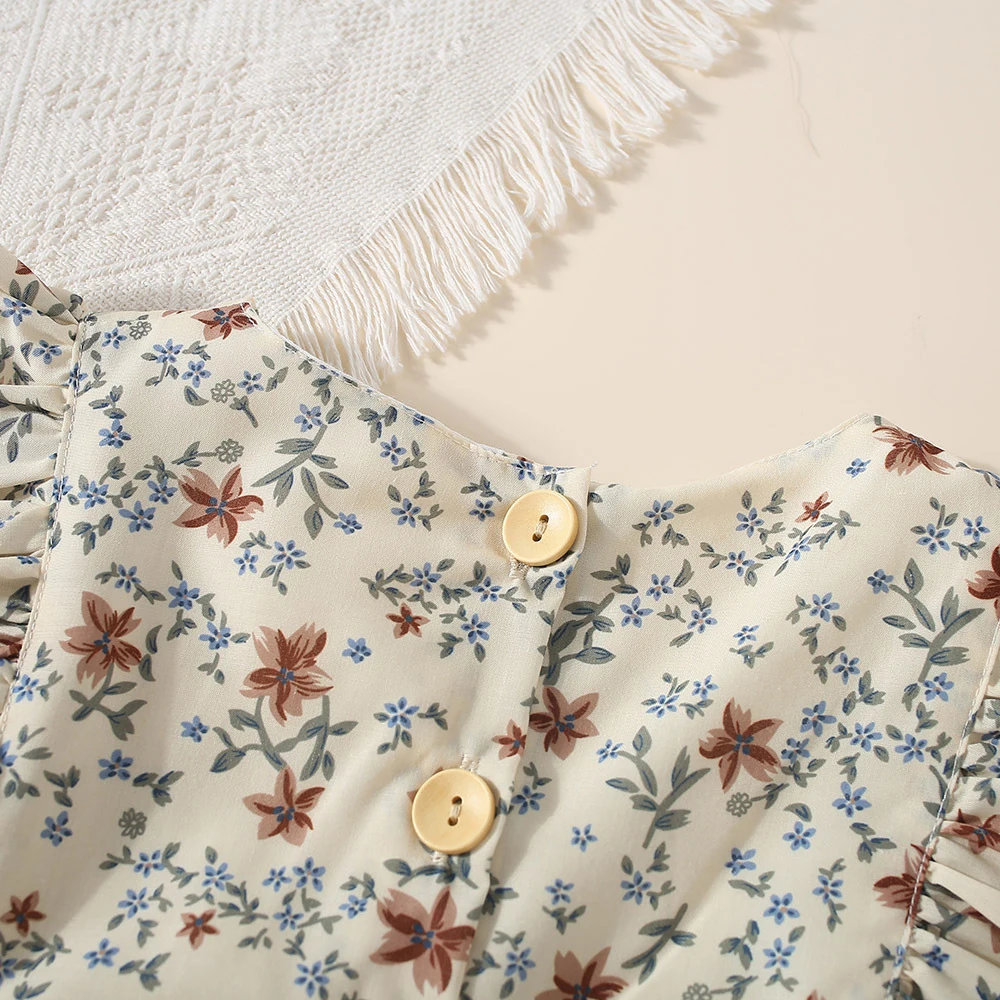 Kids Dresses for Girls Floral Flying Sleeves Casual Dresses Summer Ruffles Sweet Casual Daily Dress Toddler Casual Flower Dress