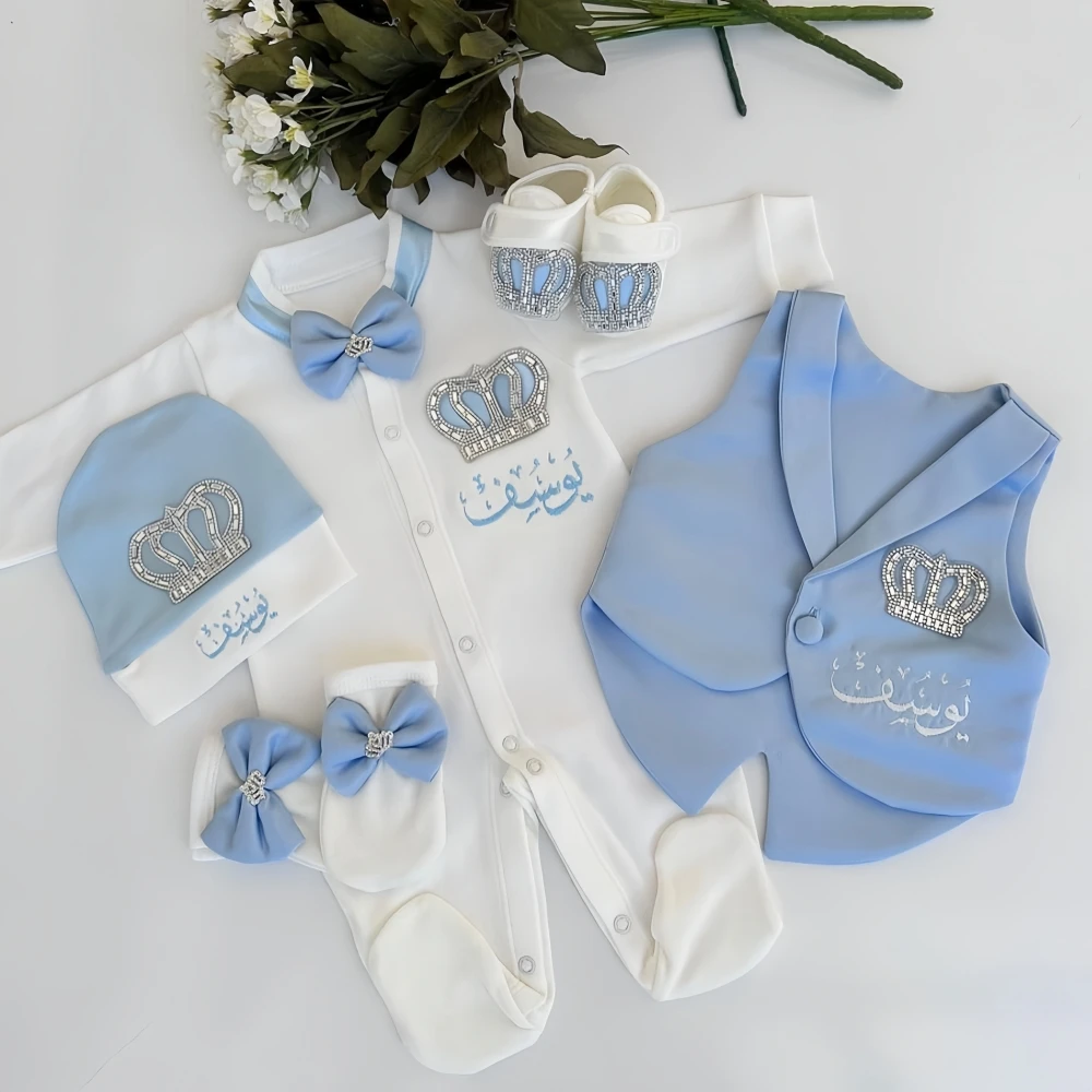 6pcs Newborn Baby Boy Outfits Blazer Vest Kids Clothing Cotton Infant Products Body Suit Shirt Pants Mittens Receiving Blanket