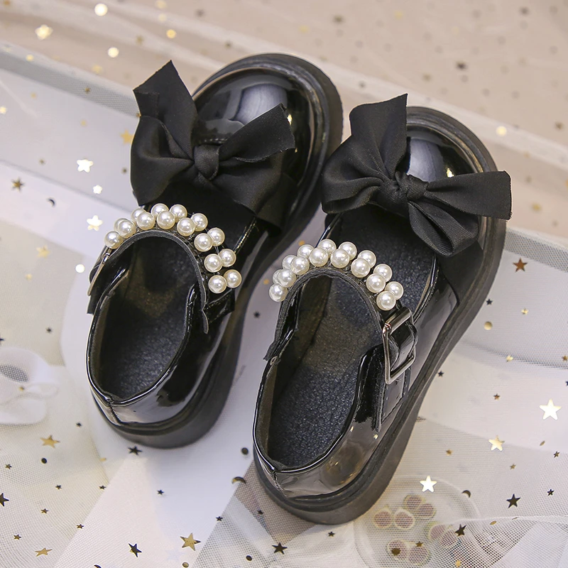 Black Leather Shoes For Girls 2023 New Children Baby Shoes Princess Mary Jane Shoes Girl Students White Bow Beading Flats