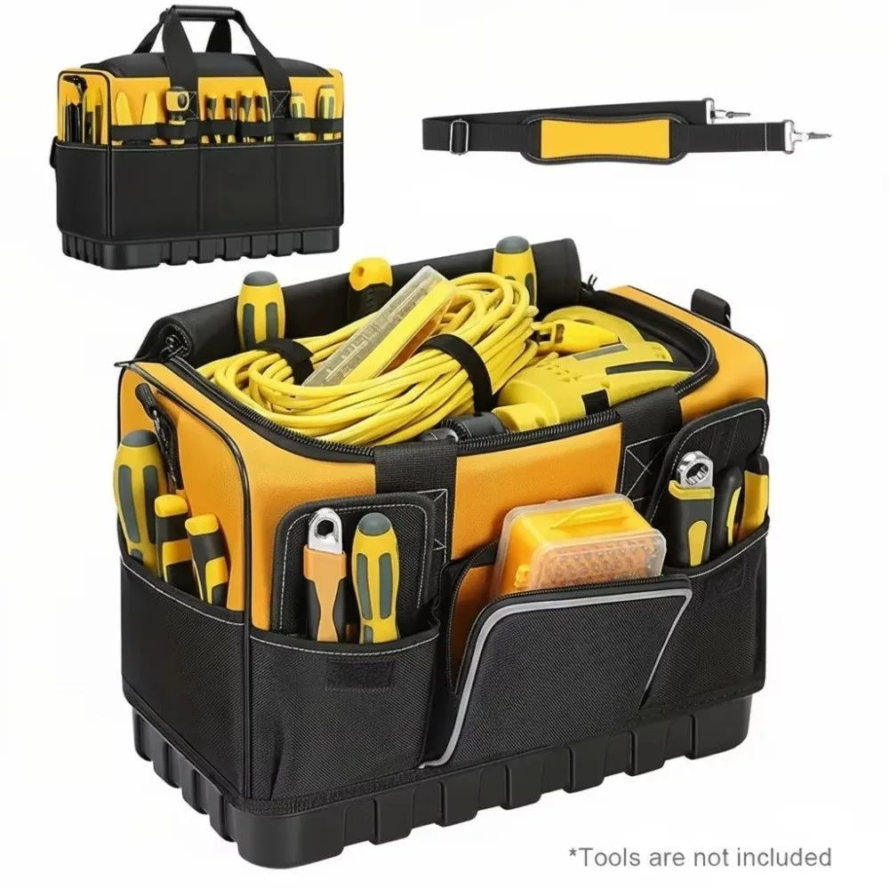 Molded Bottom Heavy Duty Tool Bag Hard Bottom Adjustable Electrician Tool Bag Yellow Black Color Polyester Construction