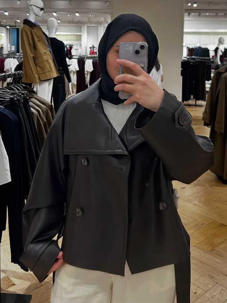 سترات عصرية للسيدات من HH بياقة مقلوبة وأكمام طويلة مع فيونكة وأربطة مزدوجة الصدر معاطف نسائية للخريف عالية الشارع