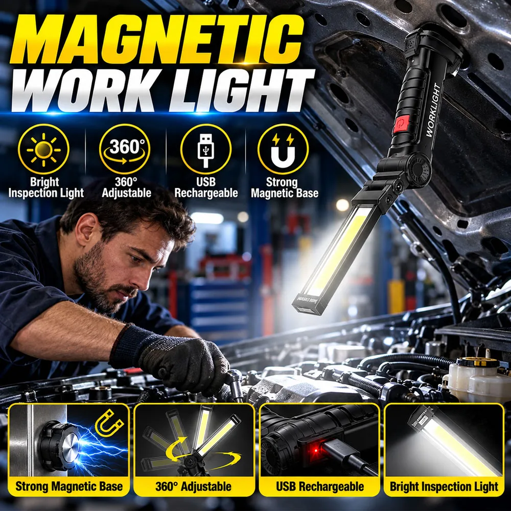 COB LED Work Light USB Rechargeable 360° Rotatable Magnetic Base Foldable Flashlight Portable Inspection Lamp for Garage Auto