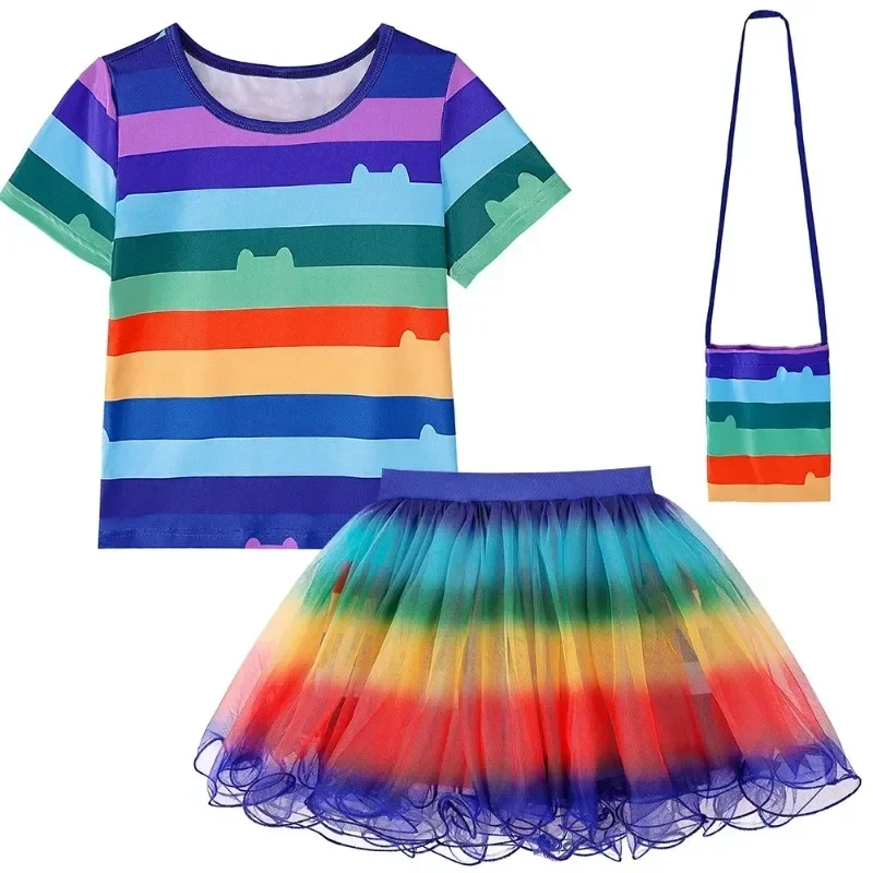 2024 Summer Girls Gabby Dollhouse Cosplay Costume Rainbow T-Shirt + Tutu Skirt +Bag Set For Kids Carnival Birthday Party Clothes