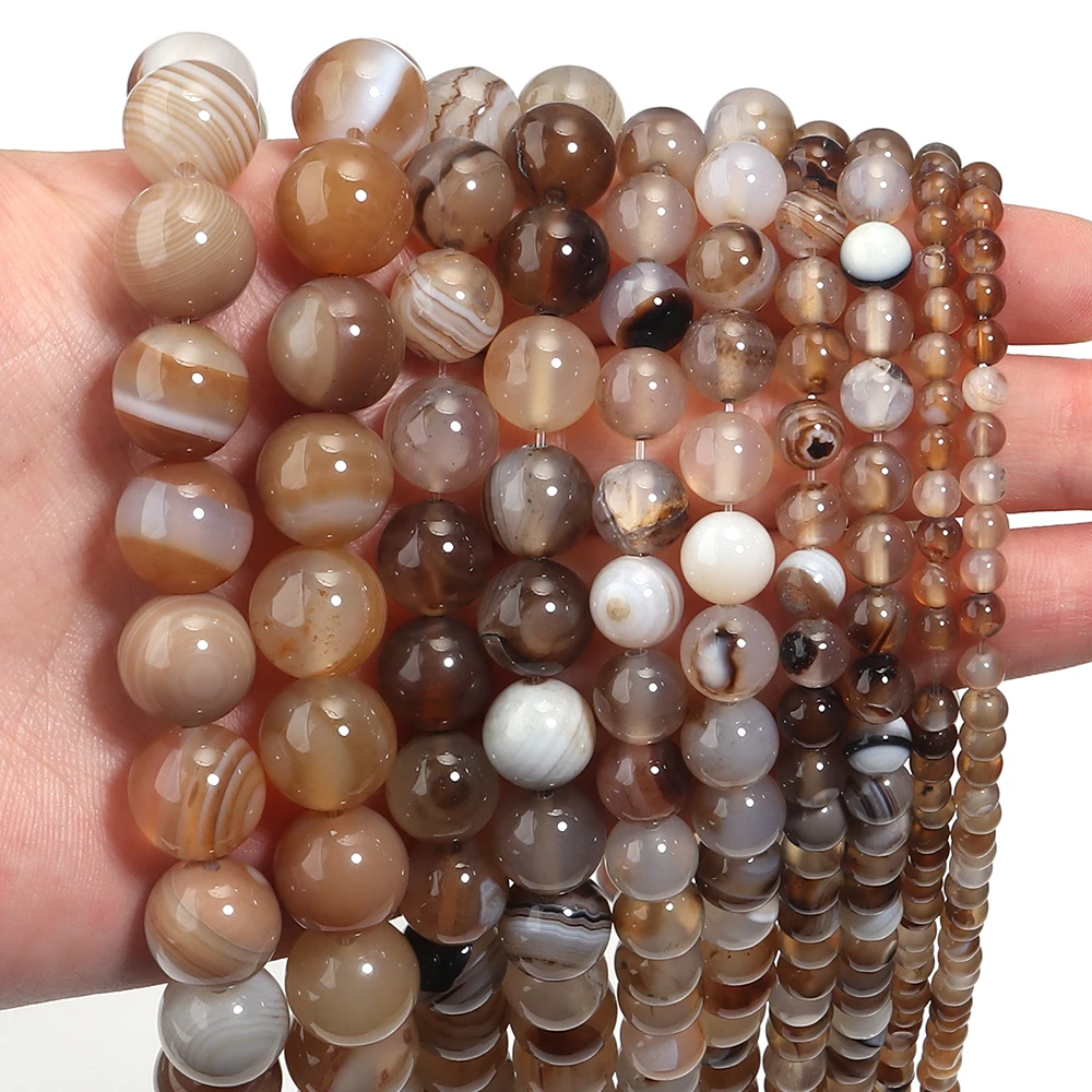 1 brin de perles d'agate en pierre naturelle, rayures marron clair, perles d'espacement amples pour bricolage, bracelet à breloques, collier, bijoux 4/6/8/10/12mm