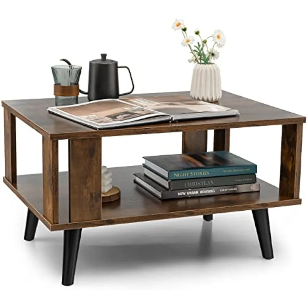 

Small Wood Coffee Table, 2-Tier Tea Table w/Open Storage Shelf & Supportive Legs, Compact Rectangle Sofa Side Table