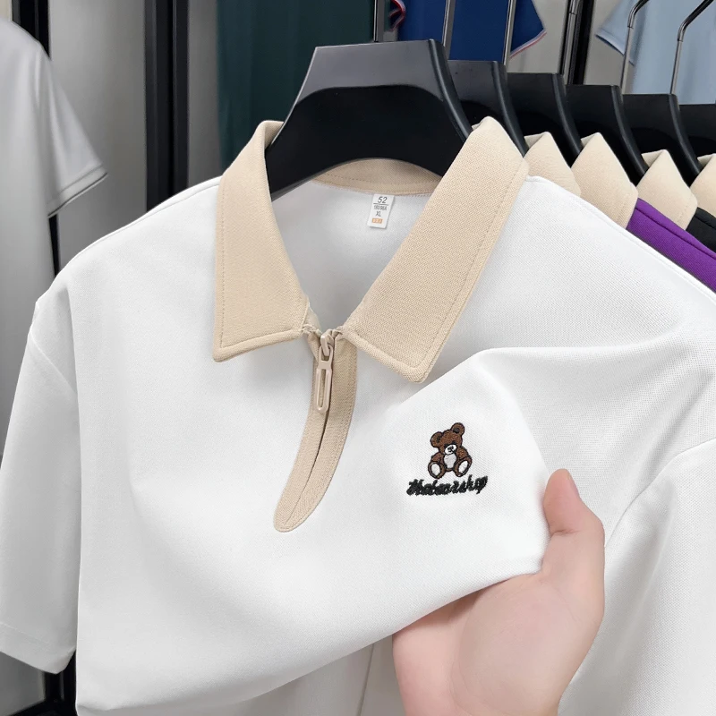 

Модная модная мужская рубашка-поло с лацканами и полумолнией, летняя новая футболка с вышивкой медведя и коротким рукавом, элитная повседневная деловая мужская одежда