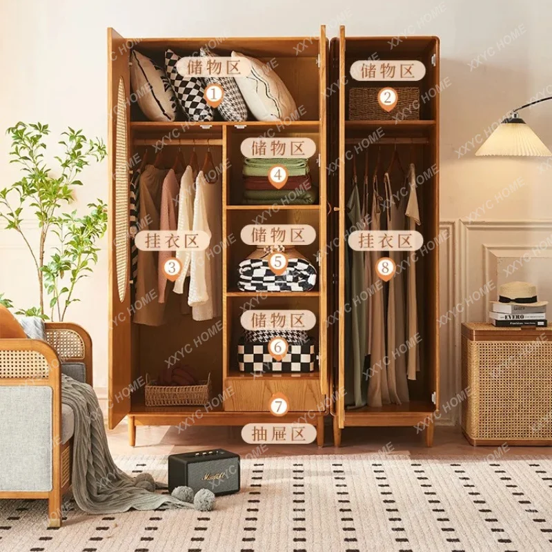 XX New Chinese Rattan Solid Wood Wardrobe Combination Large Capacity Partition Three-door Wardrobe Multi-functional Bedroom Sto