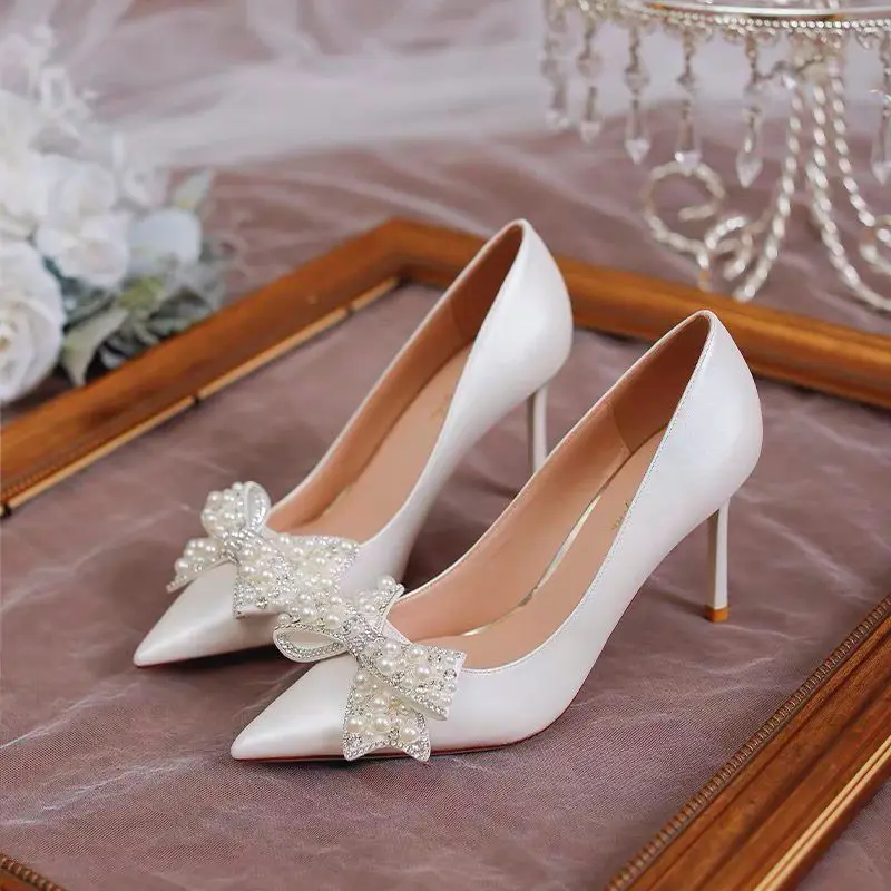 2024 New Fashion Pointed Toe High Heels Women\'s Stiletto White Pearl Bridal Wedding Shoes Banquet Party Shoes shoes for women