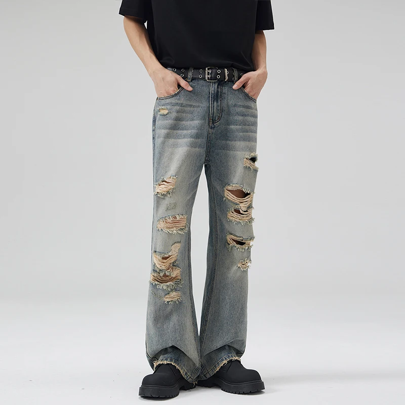 

Ripped Jeans Men Distressed Boot Cut Male Flared Pants Hip Hop Hollow Out Vintage Men's Jeans Cowboys Summer Loose No Belt