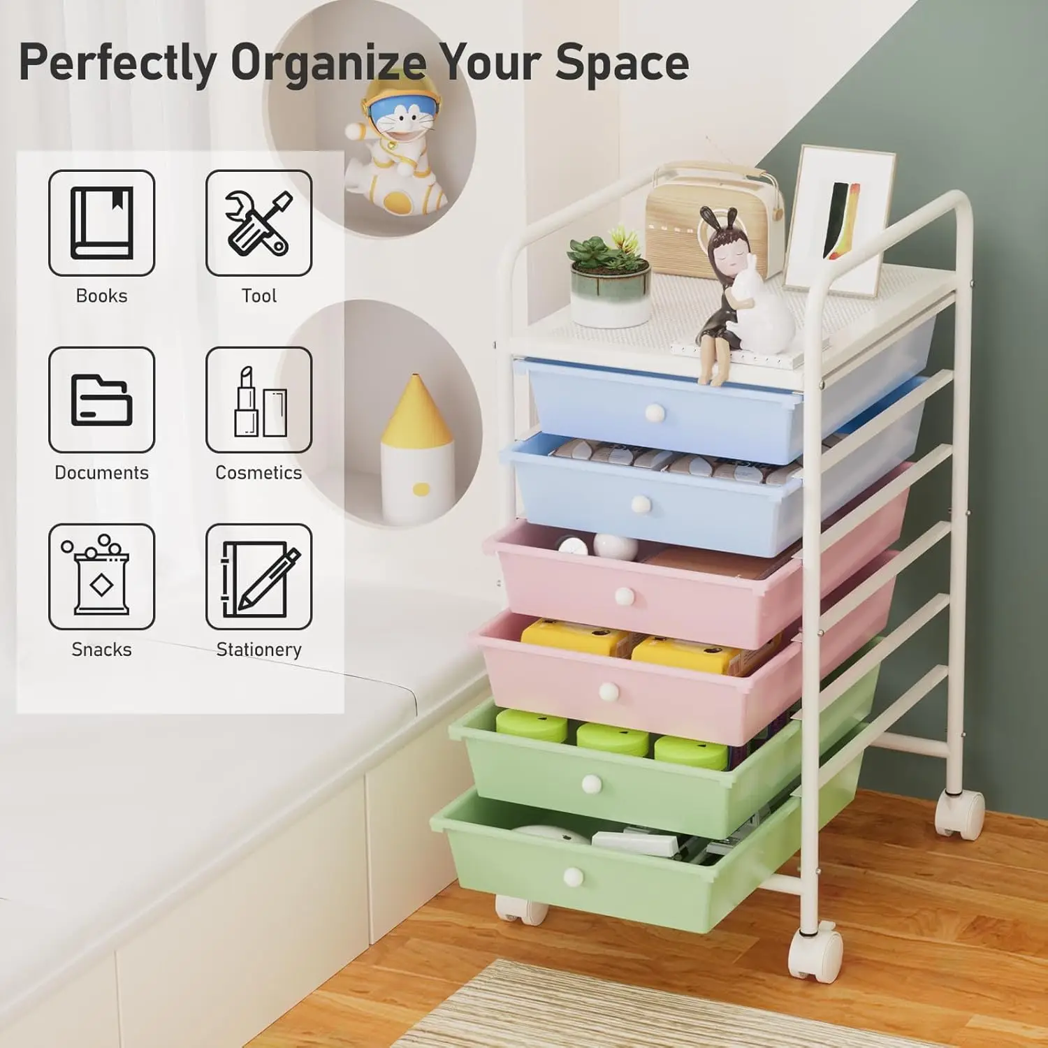 6-Tier Utility Cart with 6 Drawers, Rolling Utility Cart with 2 Lockable Caster Wheels, Multipurpose Mobile Rolling Drawer Cart