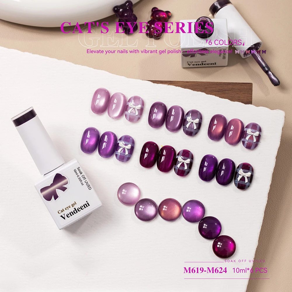 Vendeeni TPO HEMA FREE 6 Farben/Set Lila Kristall Katzenaugen-Gel-Nagellack Magnetische Glasperlen UV-LED-Gel-Lack mit Display – Detail 5