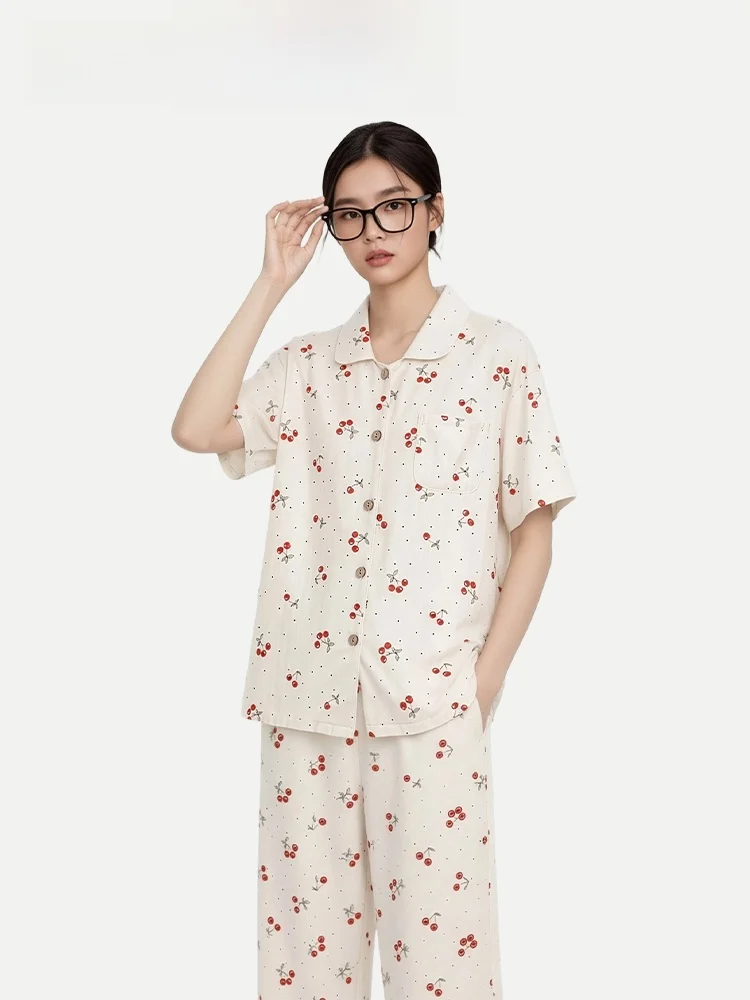 

PinkBread Ladies Pure Cotton Sleepwear Short Sleeve Summer Cherry Home Clothes Sweet Cute Style Loose Fit Long Pants Suitable...