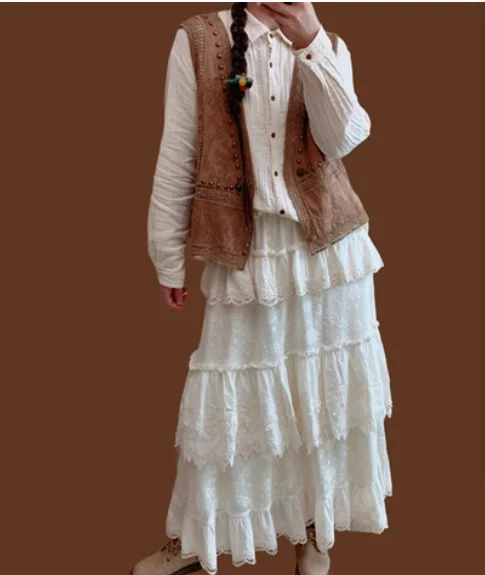 秋冬ガールズコットン刺繍スイートフリルベルベットレーススカートファッション万能年齢軽減ガーゼハイウエストスカート