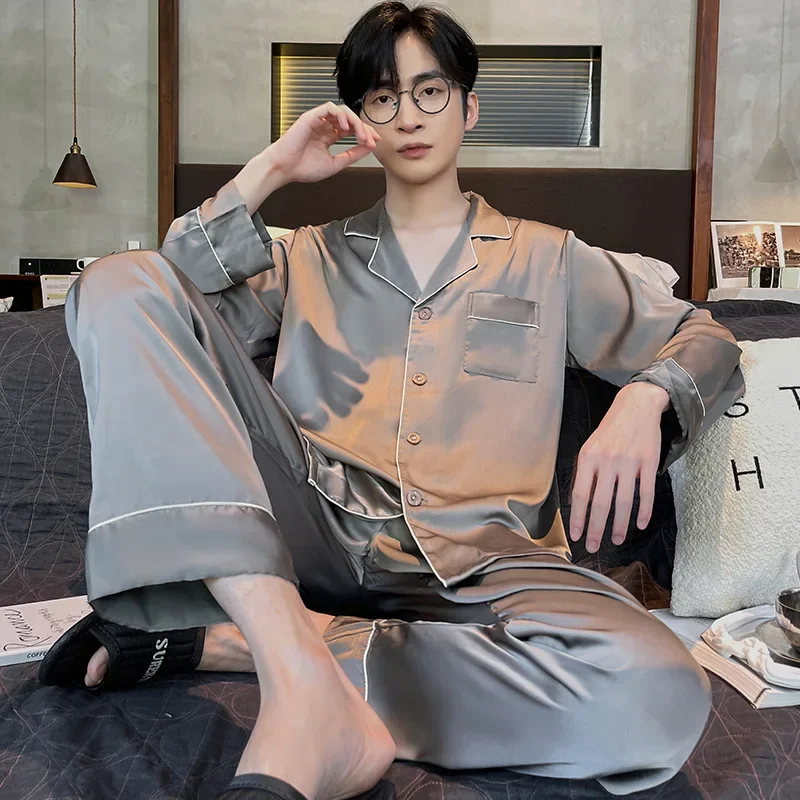 

Men Pajamas Long Sleeves Long Pants Silk Pajamas Loungewear Youth Cardigan Solid Color Pajamas 2 Pieces Set of Loungewear Pajam