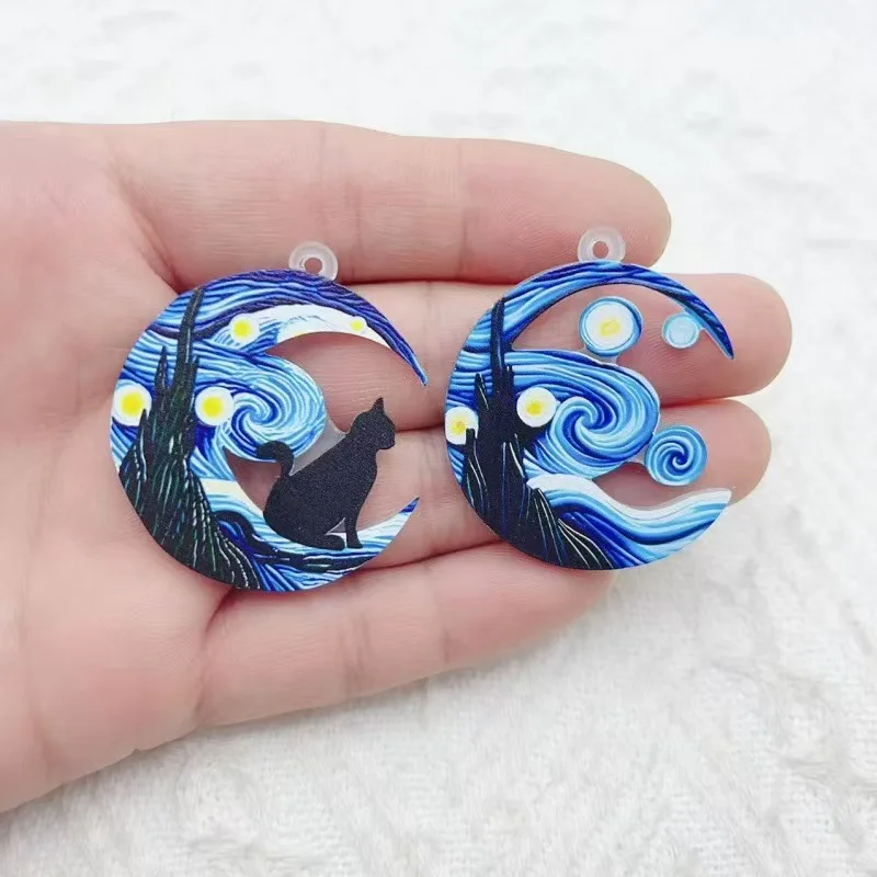 10pcs Cross border Hot selling Acrylic Earrings with Van Gogh Starry Sky Pattern Fashion Black Cat Acrylic Pendant DIY Jewelry A view 3