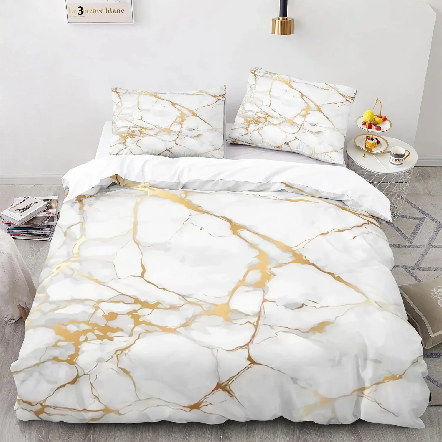 

White Gold Abstract Marble Texture Bedding Set Boys Girls Twin Queen Size Duvet Cover Pillowcase Bed Kids