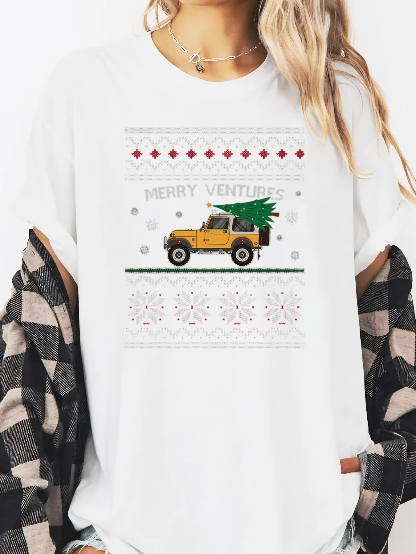 Merry Ventures Weihnachtsbaum-LKW-Aufdruck, Urlaub, langärmeliges T-Shirt für Damen, lässiges Winter-Outfit, Weiß, Übergröße