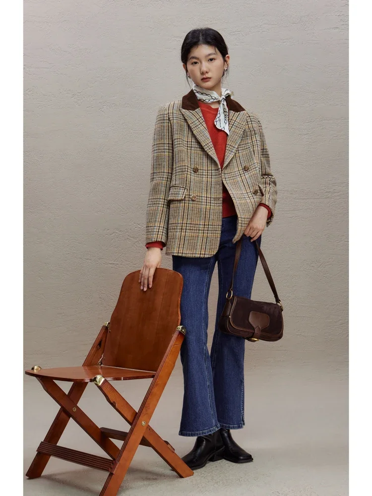 ZIQIAO 100% Wool Brown Retro Woolen Suit Jacket For Women\'s 2023 Winter New Plaid Short Jacket Solid Women Jackets Casual