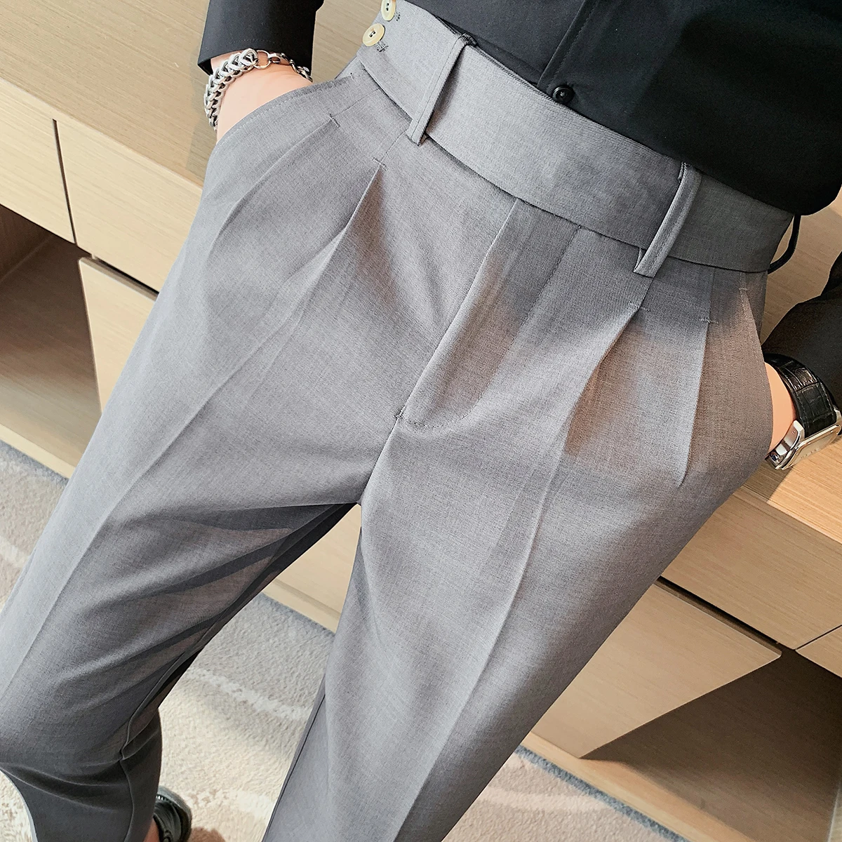 British Style Twill Pleat Design Naples High Waist Casual Trousers Fashion Man Slim Simple Social Party Suit Pant Plus Size 38