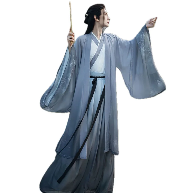 

Chinese Ancient Hanfu Men Halloween Cosplay Costume Hanfu Gradient Gray&Blue Print Shirt+Skirt+Coat Sets For Women Plus Size 3XL