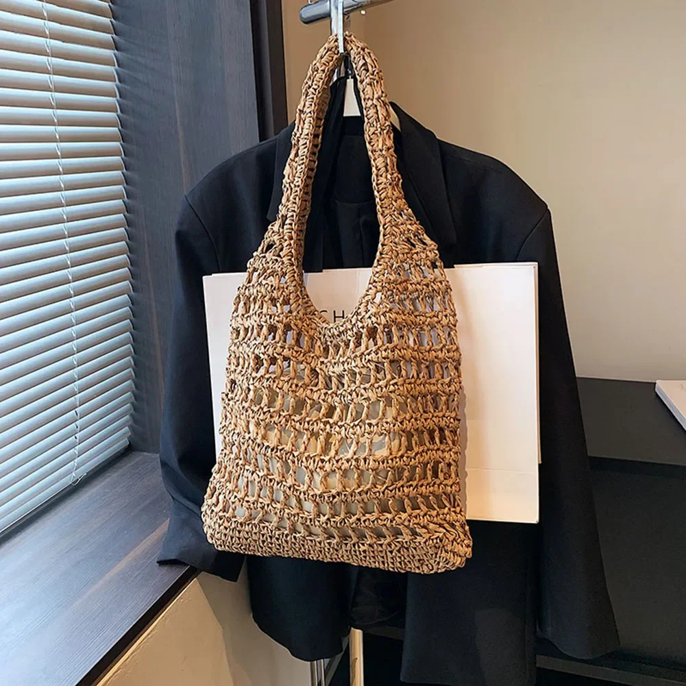 Large Straw Beach Bags for Women Summer Woven Tote Bag Shoulder Handbags with Inner Bag Hollow Out Raffia Crochet Shoulder Bags