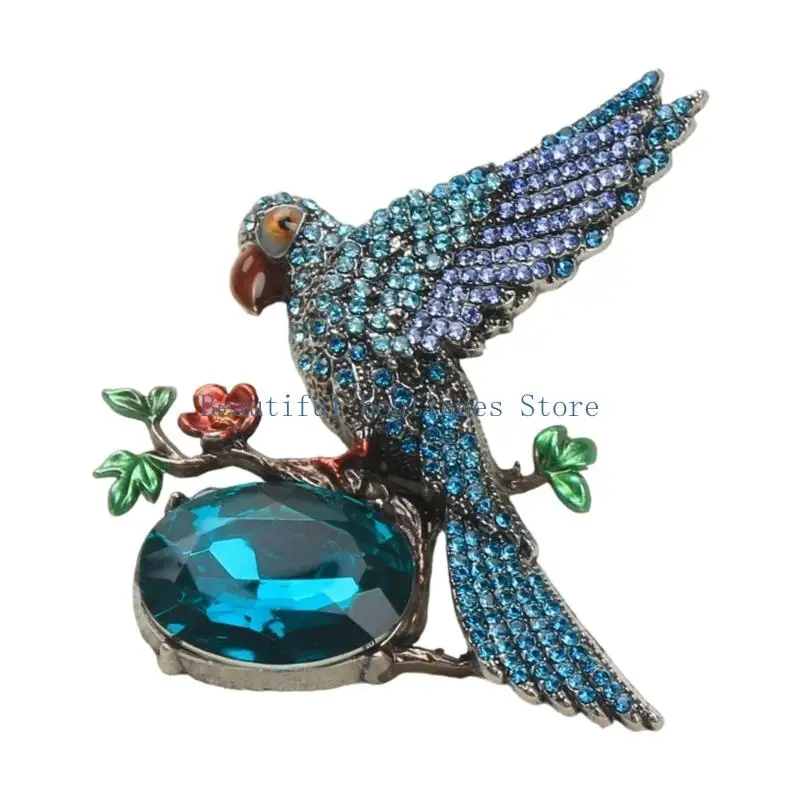 U4LF Animal Shaped Spread Wing Parakeet Brooch with Crystal Embellishment Vintage Design Unisex Fashion Pin for Gift