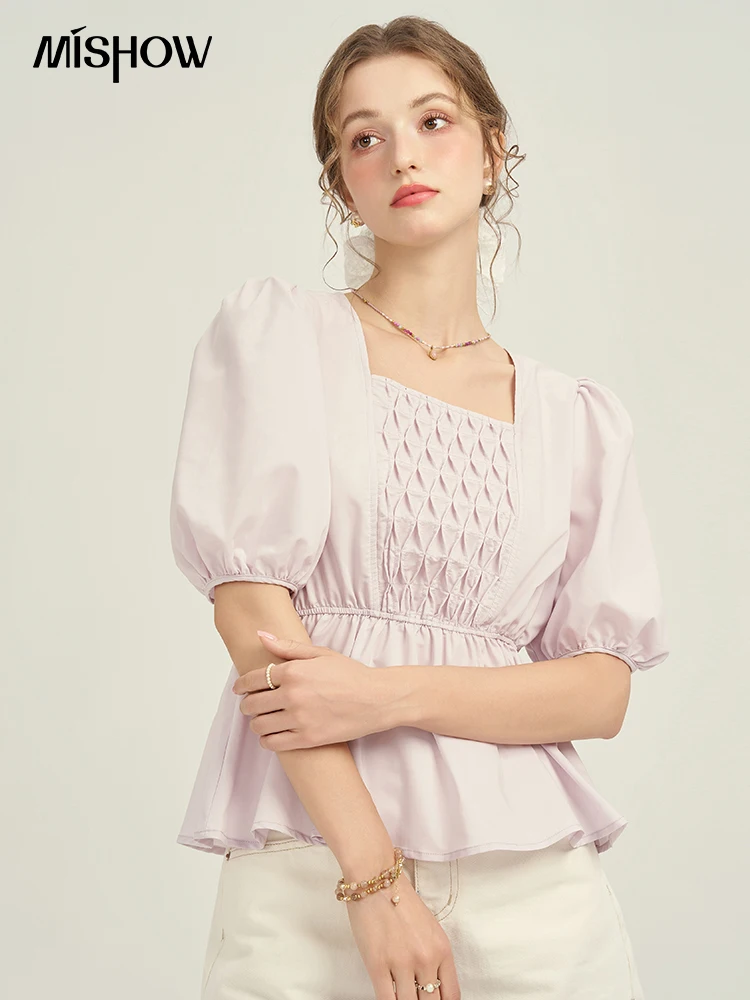 

MISHOW Square Collar Pleated Waist Blouses for Women Summer 2024 Chic Sweet Doll Slid Puff Sleeved Tops Office Lady MPD21X1449