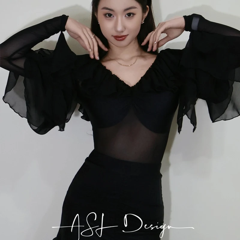 Drijvende Mesh Ballroom Dans Tops Lange Mouwen Zwarte V-hals Maillots Volwassen Vrouwen Latin Dans Kleding Wals Praktijk Slijtage BL18207