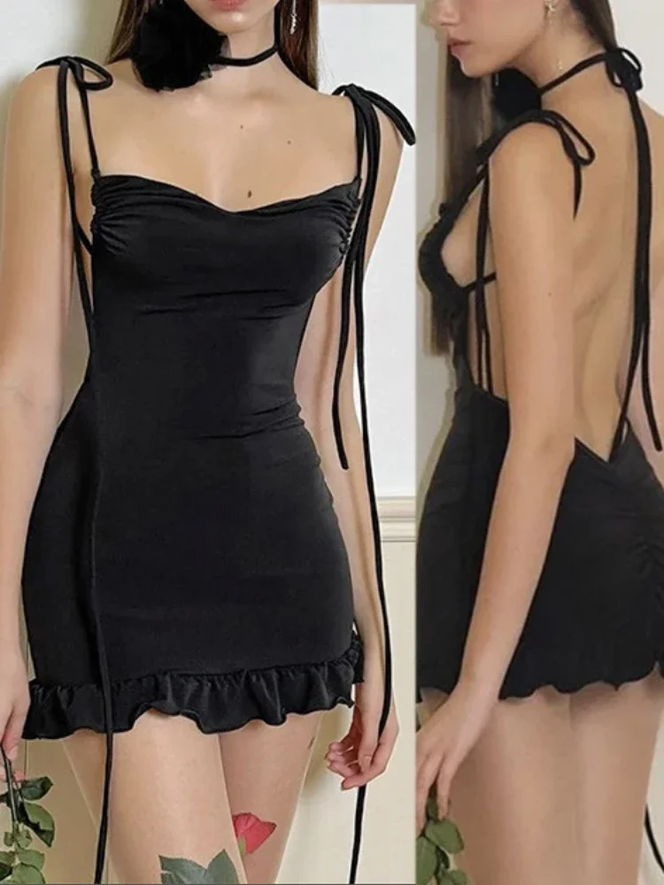 

Women Sleeveless Strap Backless Mini Dress Sexy Black Summer Bodycon Split Party Clubwear Dresses Elegant Evening Slim Vestidos