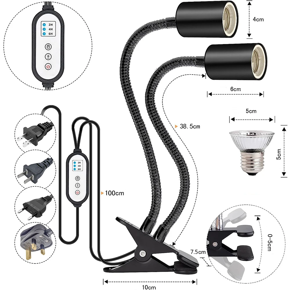 Lâmpada de Calor Réptil Rotativa, Cabeça Dupla, Suporte Leve, UVA, Lâmpada UVB, 25W, 50W, 75W, Tartaruga, Lagartos, Plantas de Serpente