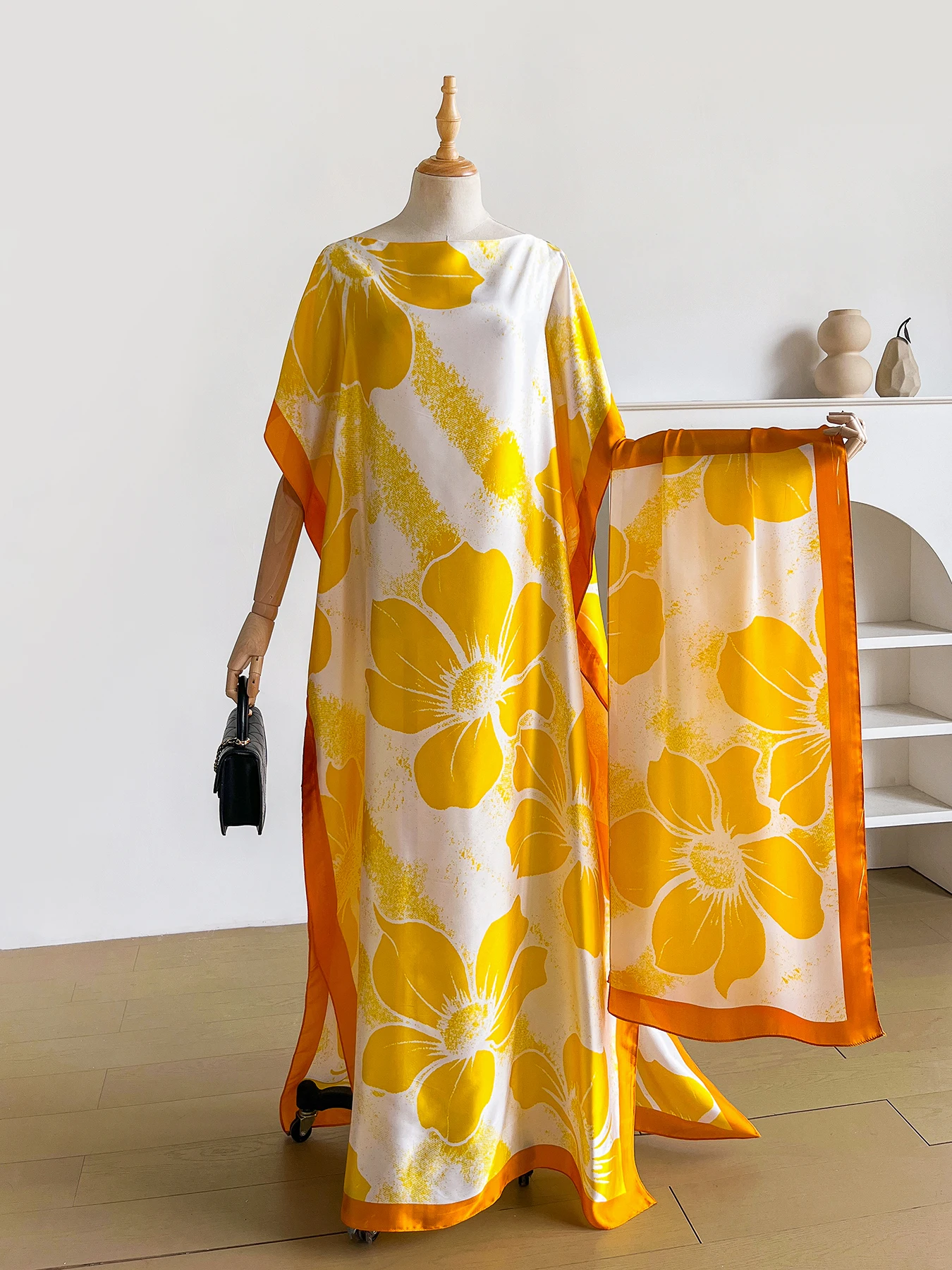 Summer Boho Floral Print Abaya With Scarf, Loose Batwing Maxi Kaftan For African Muslim Women Beach Holiday Wear - view 6