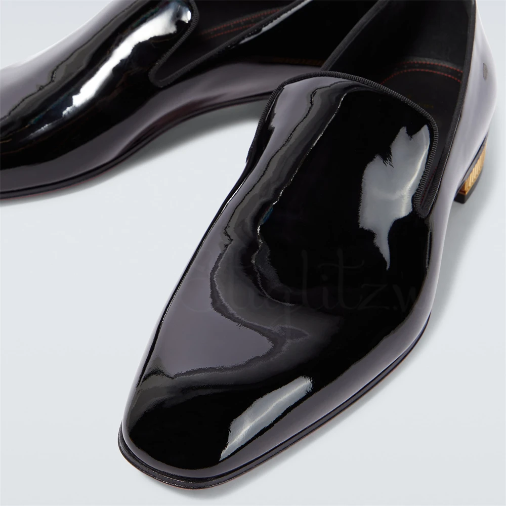 Metallic Gold Low Chunky Heel Loafers for Men Black Patent Leather Classic Dress Shoes Designer Style Handcrafted Leather Shoes