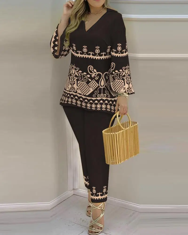 2024 Suit Summer Long Sleeve V-neck Polyester Printing Two Pieces Sets Top and Long Pant Clothes Women